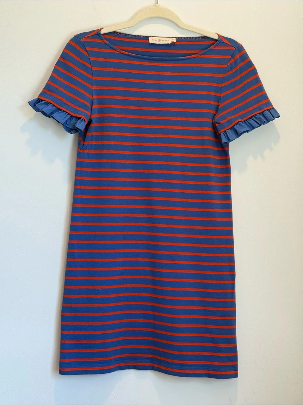Tory Burch Blue & Orange Ruffle Sleeve Striped Casual T-Shirt Dress XS